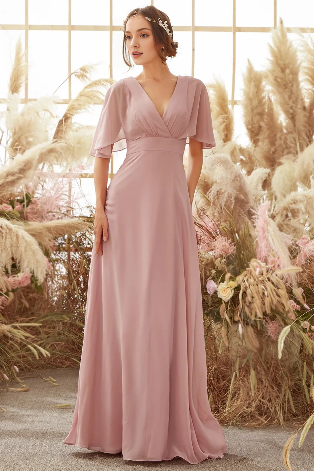 Powder blusher bat wing sleeve chiffon bridesmaid dress