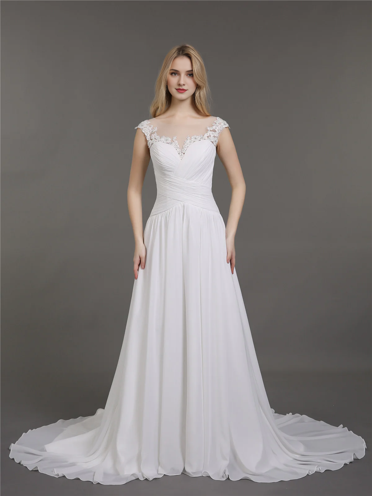 Chiffon lace applique bridal dress