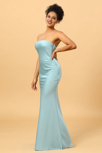 Sky blue backless fish tail strapless and satin bridesmaid dress