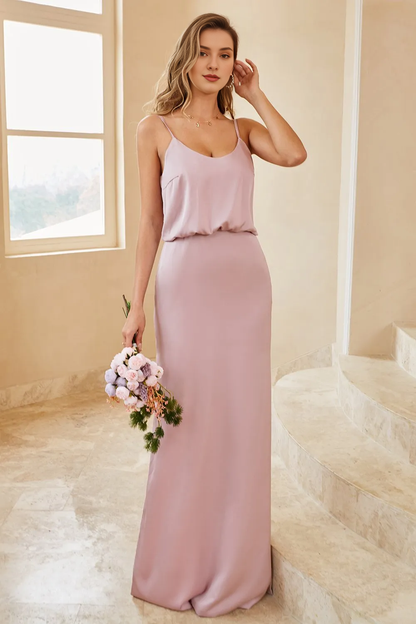 Thin shoulder strap gray pink long bridesmaid dress