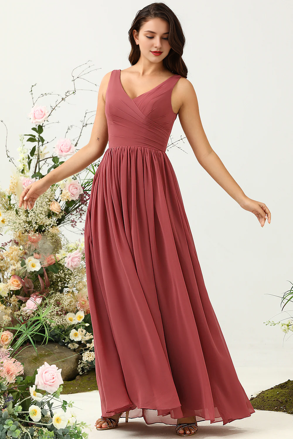 Desert Rose A-line V-neck long chiffon ruffled bridesmaid dress