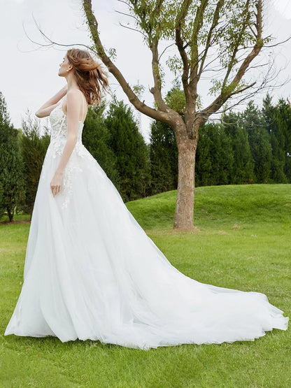 Thin shoulder strap chiffon church trailing wedding dress