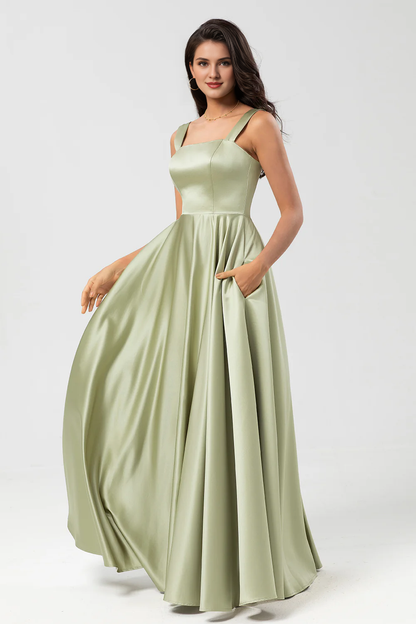 Dusty Sage A-line square collar and floor length satin bridesmaid dress