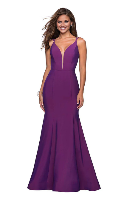 Deep V-neck lace up backless trumpet shaped and floor length evening gown