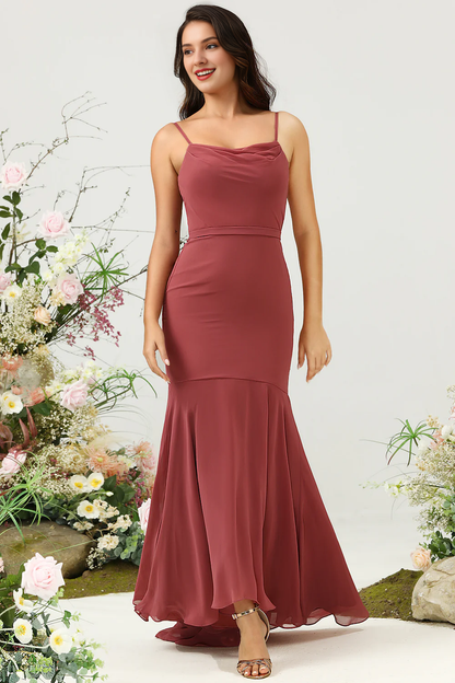 Desert Rose Mermaid Thin Shoulder Strap Asymmetric Chiffon Bridesmaid Dress