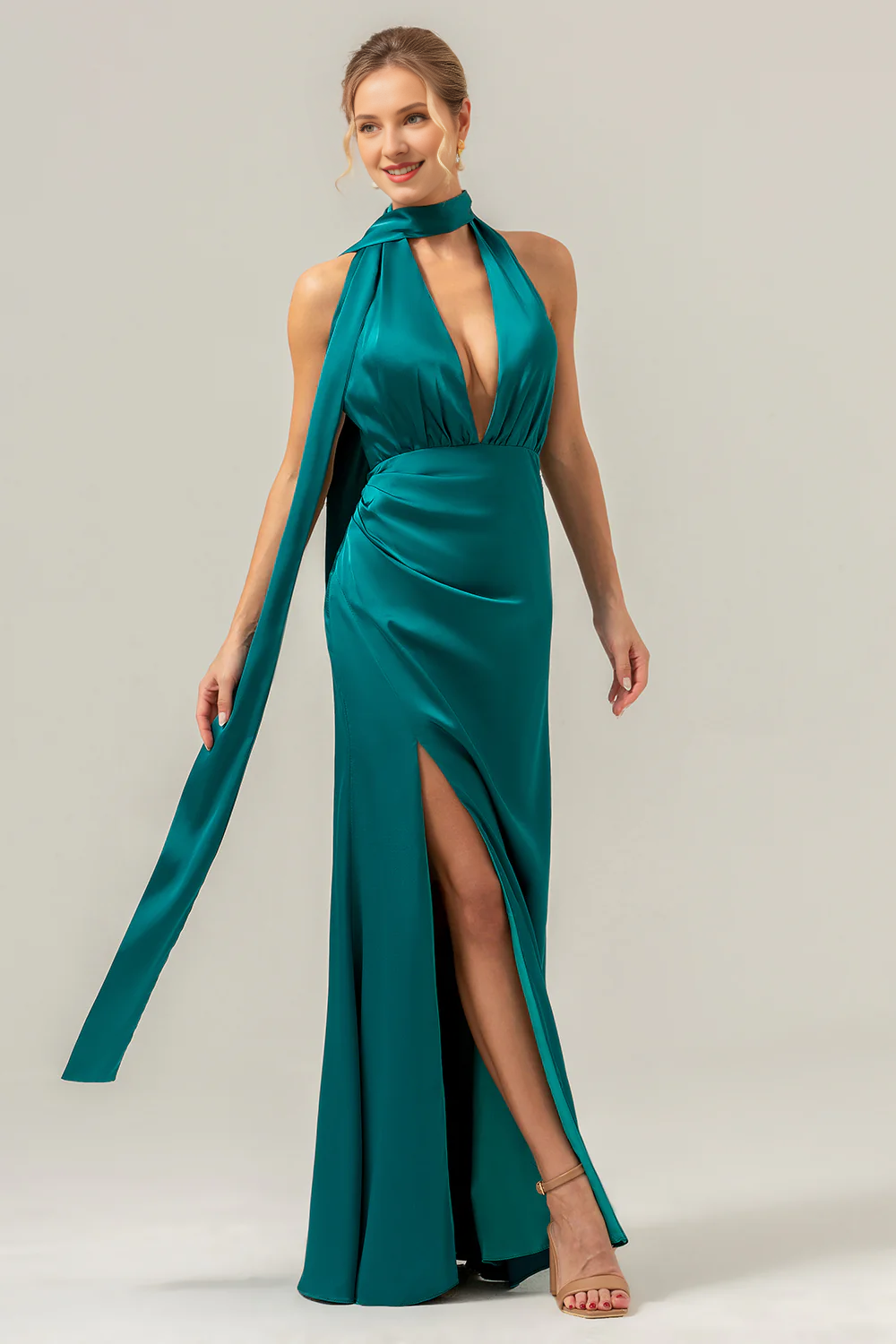 Peacock Sheath Deep V-neck Folded Bareback Long Satin Bridesmaid Dress