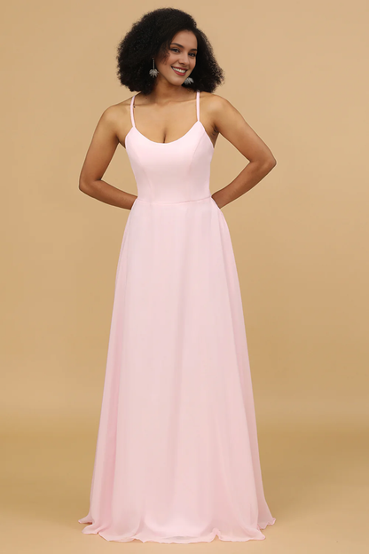 Pink tight fitting/straight thin shoulder strap long chiffon bridesmaid dress