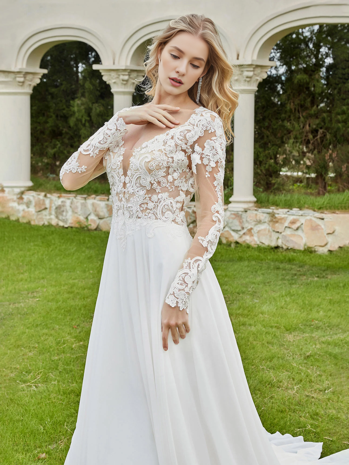 Deep V-neck buttoned church trailing bridal gown