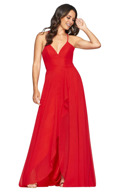 V-neck shoulder strap chiffon slit and floor length evening gown