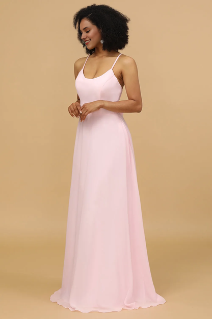 Thin shoulder chiffon pink and floor length bridesmaid dress