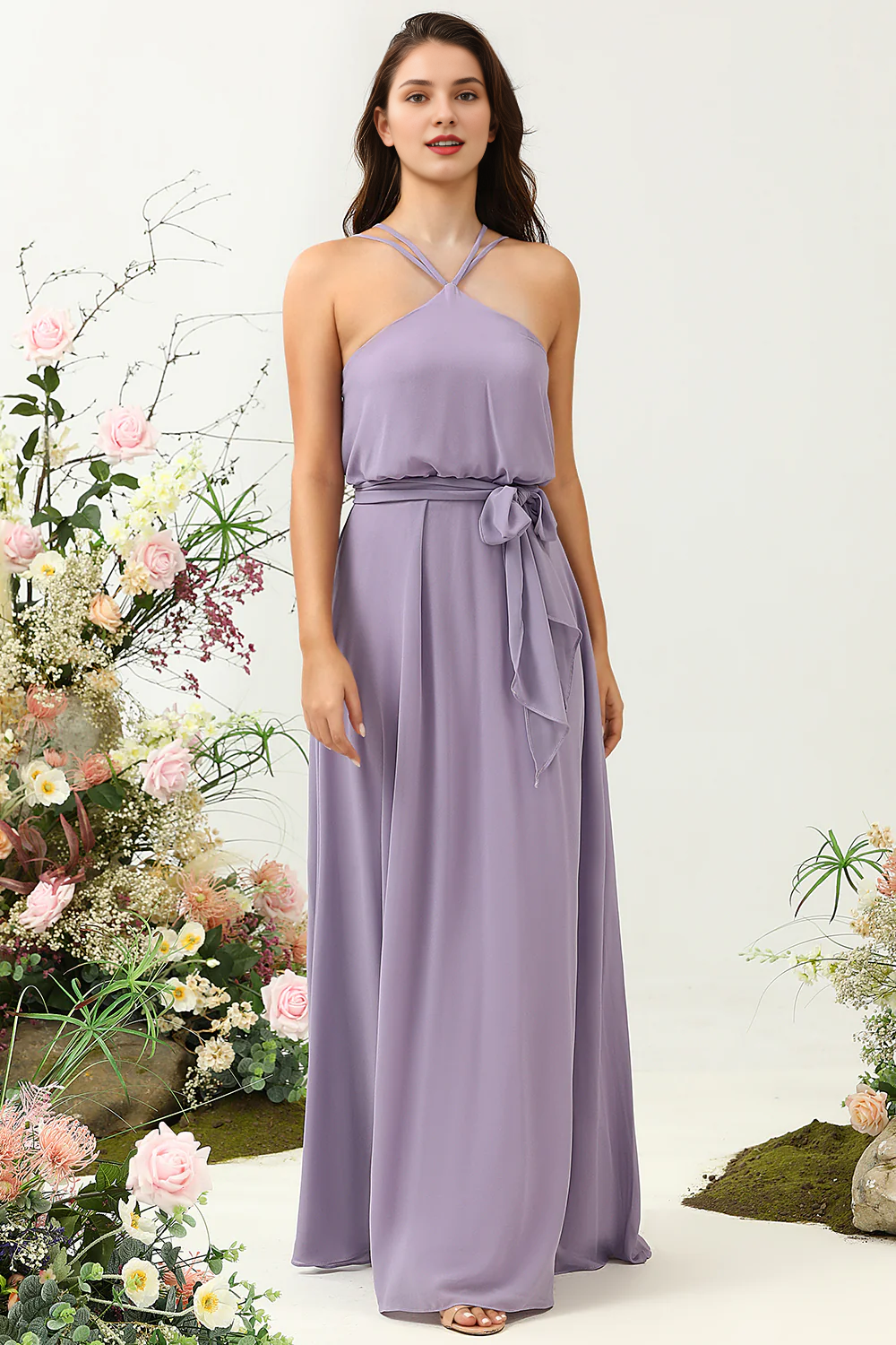 Grey purple A-line bow hanging neck long bridesmaid dress