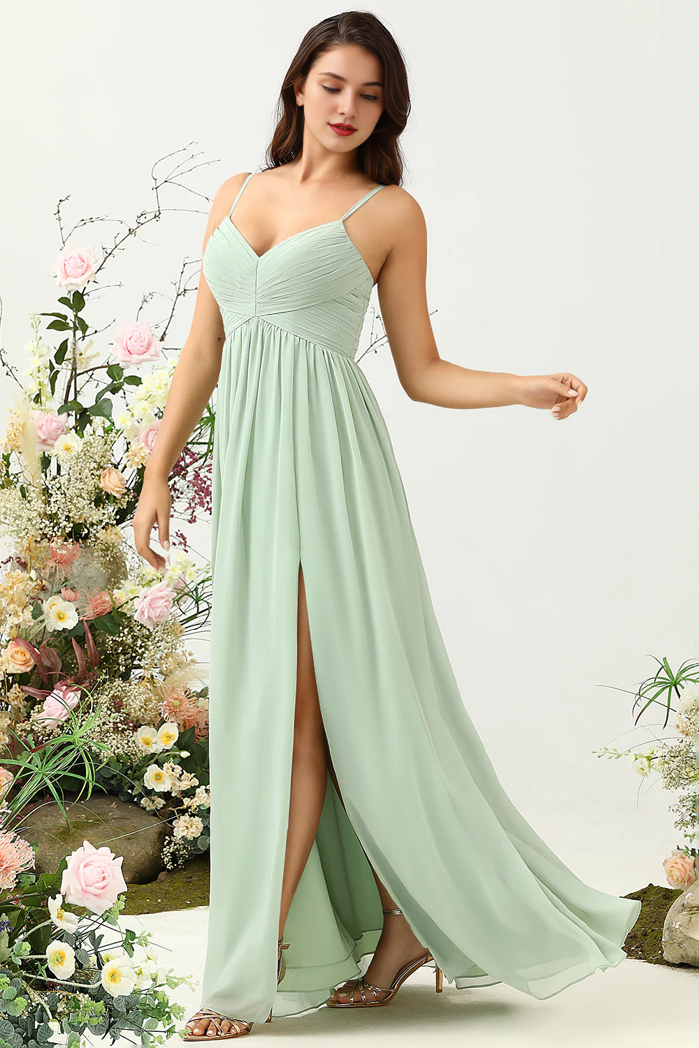 Sage A Line slim shoulder strap pleated long slit chiffon bridesmaid dress