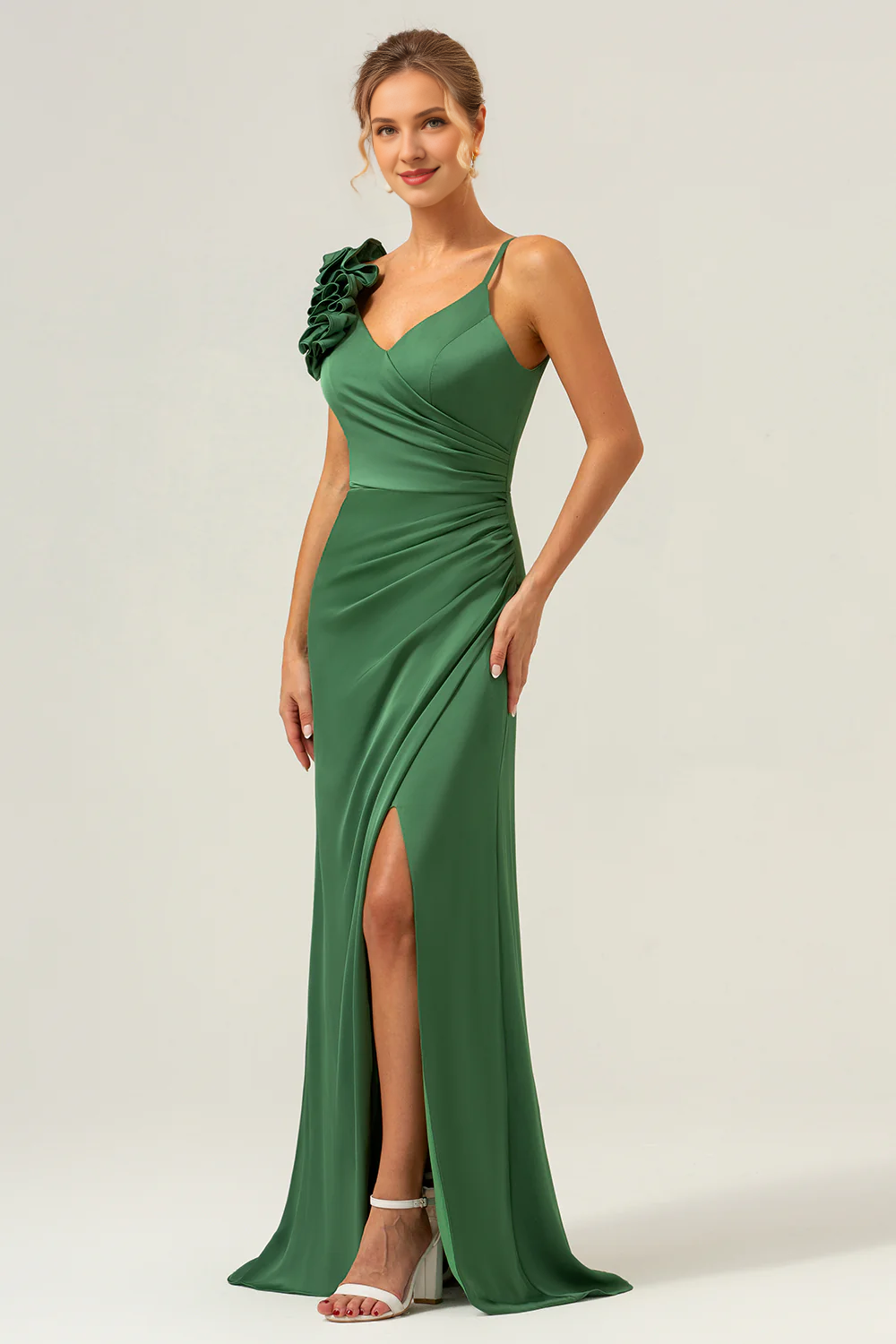 Tight fitting slim shoulder strap pleated satin olive green long slit bridesmaid dress