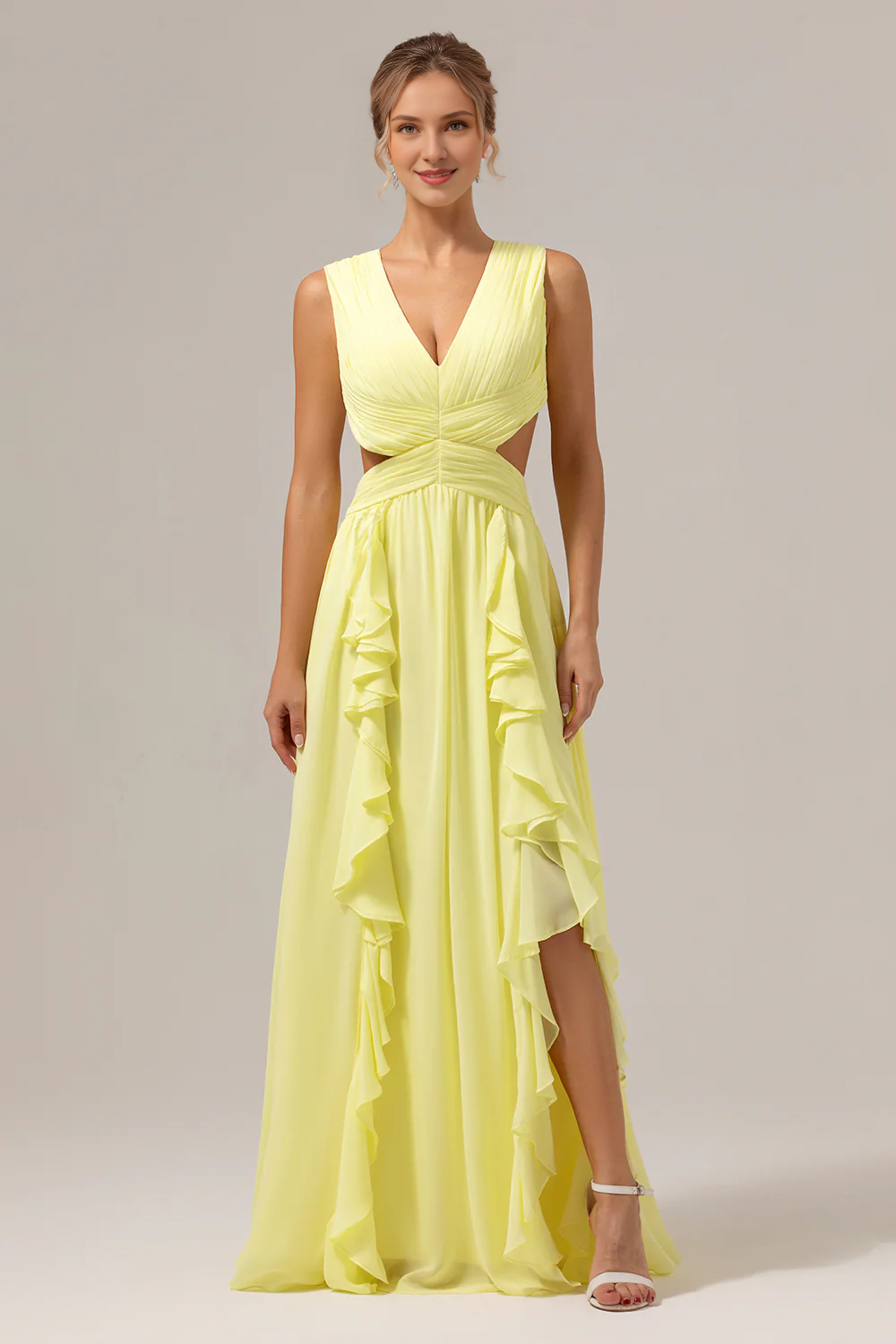 Lemon yellow A-line V-neck hollow out ruffle edge pleated long bridesmaid dress with slits