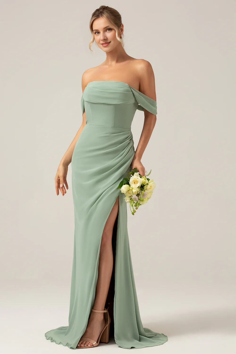 Dusty Sage off shoulder pleated chiffon slit bridesmaid dress