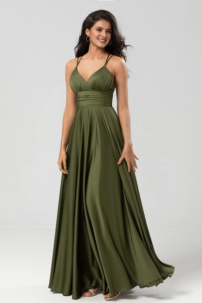 A-line thin shoulder strap and satin bridesmaid dress