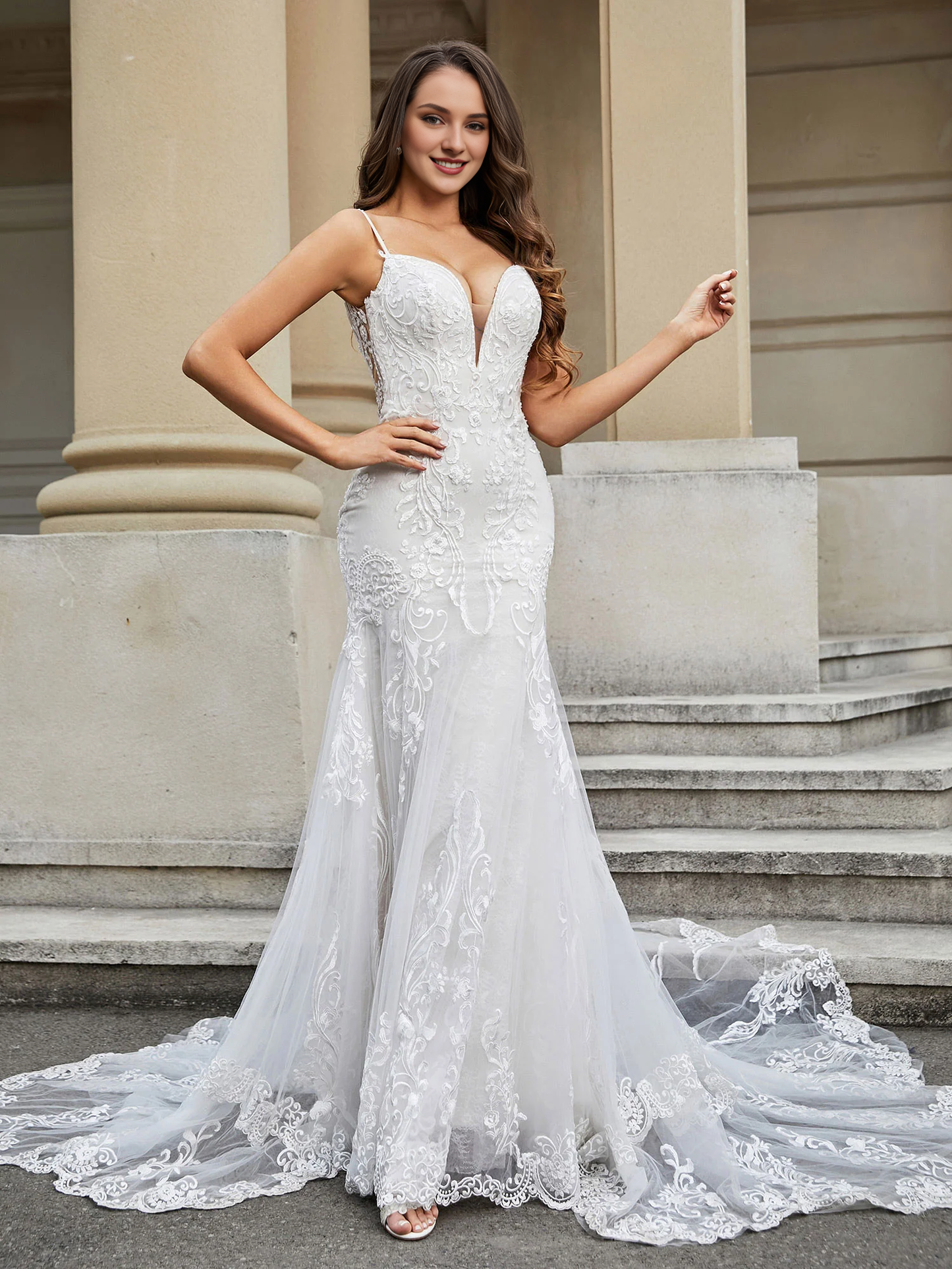 Fish tail lace church trailing wedding dress