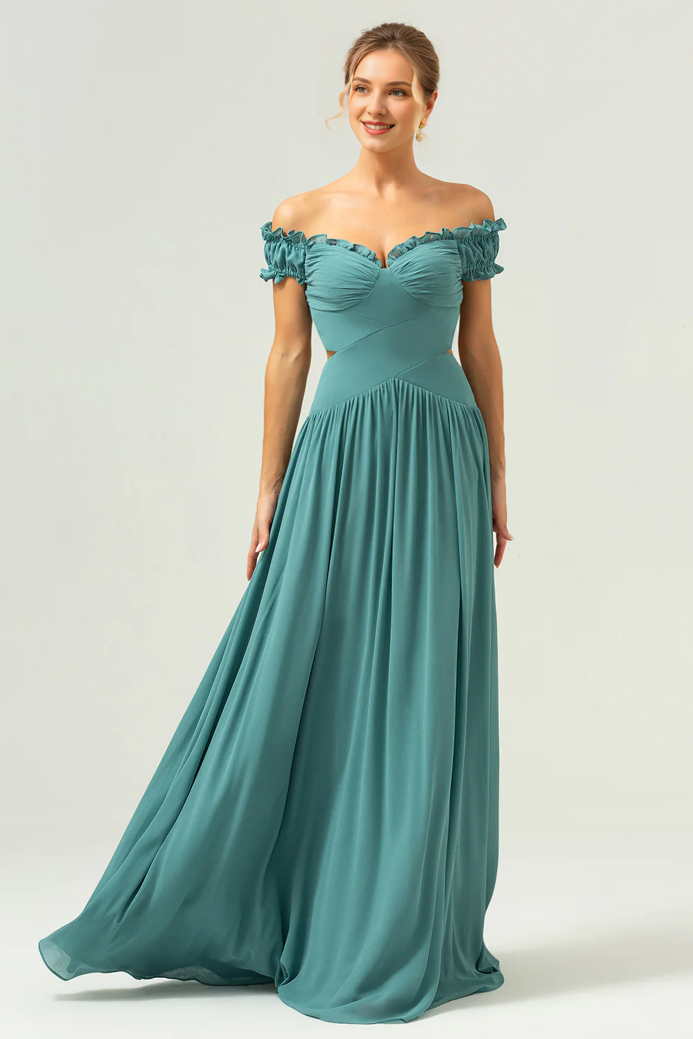 Eucalyptus A-line off shoulder pleated cut and ground length bridesmaid dress