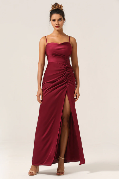 Tight fitting thin shoulder strap wine red front slit long bridesmaid dress