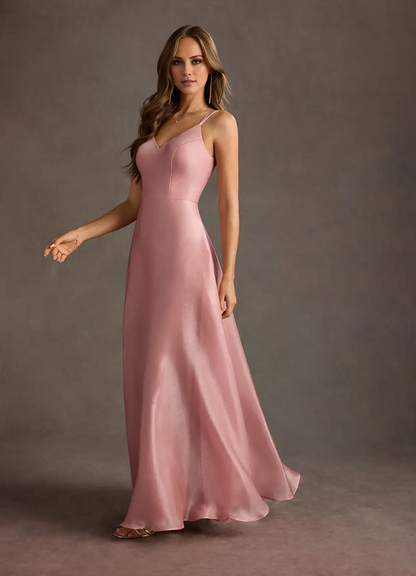 V-neck satin chiffon fine shoulder straps and floor length evening gowns