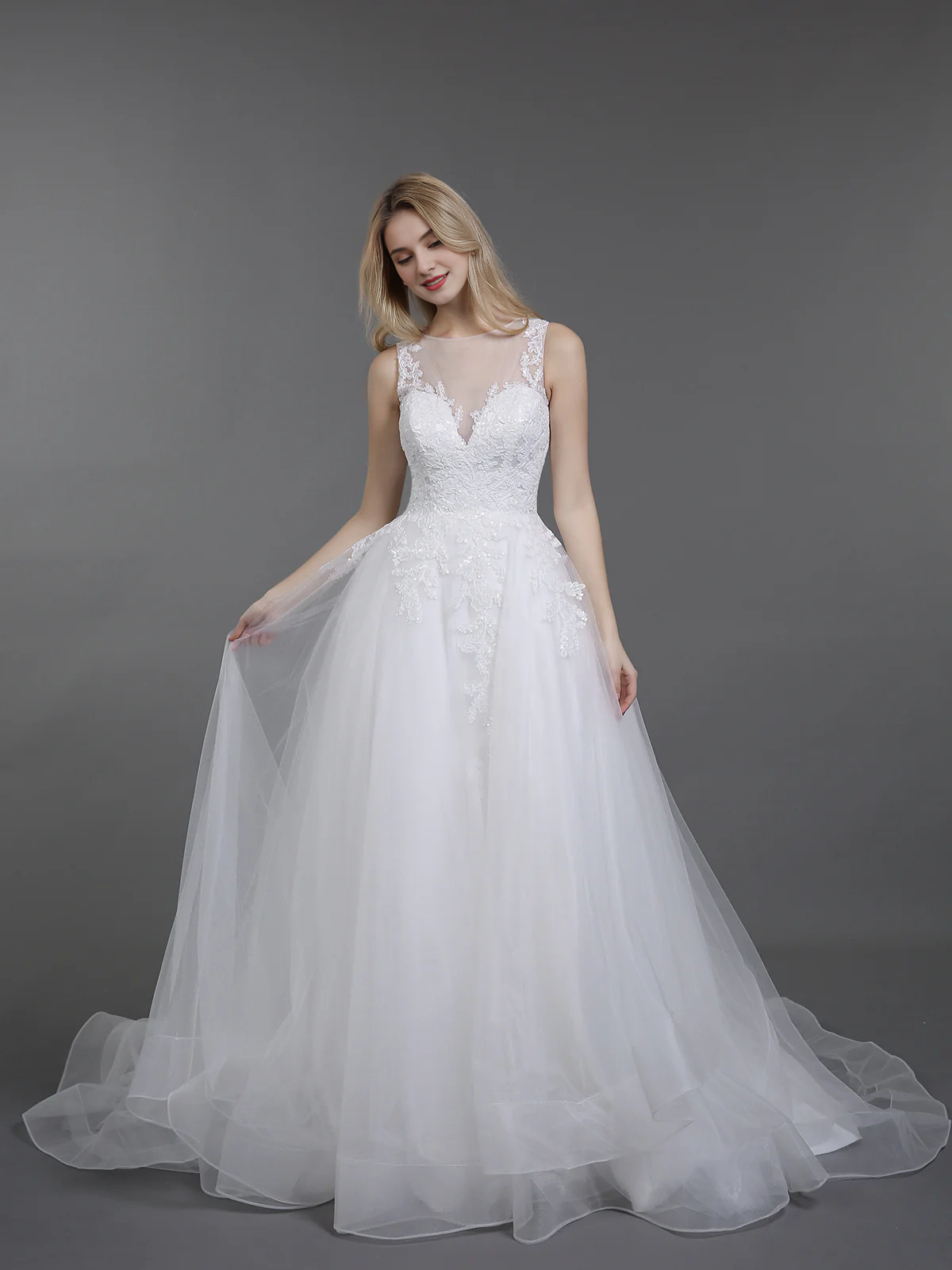 Illusion collar lace chiffon wedding dress