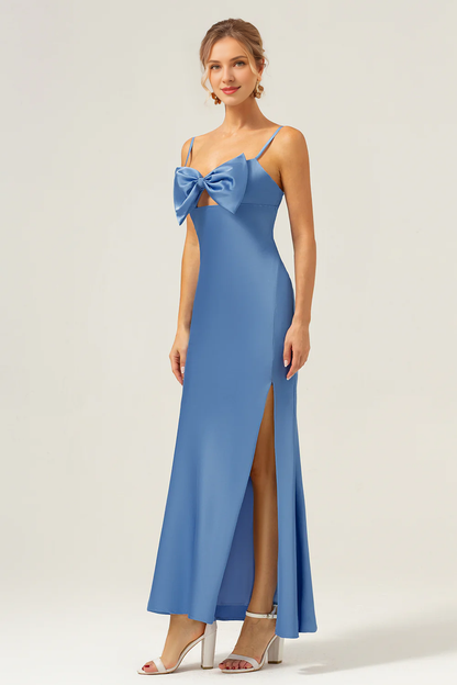 Fish tail thin shoulder strap satin blue bow bridesmaid dress