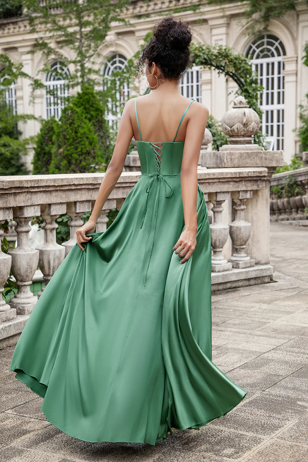 Eucalyptus A-line lace back tight corset pleated satin bridesmaid dress