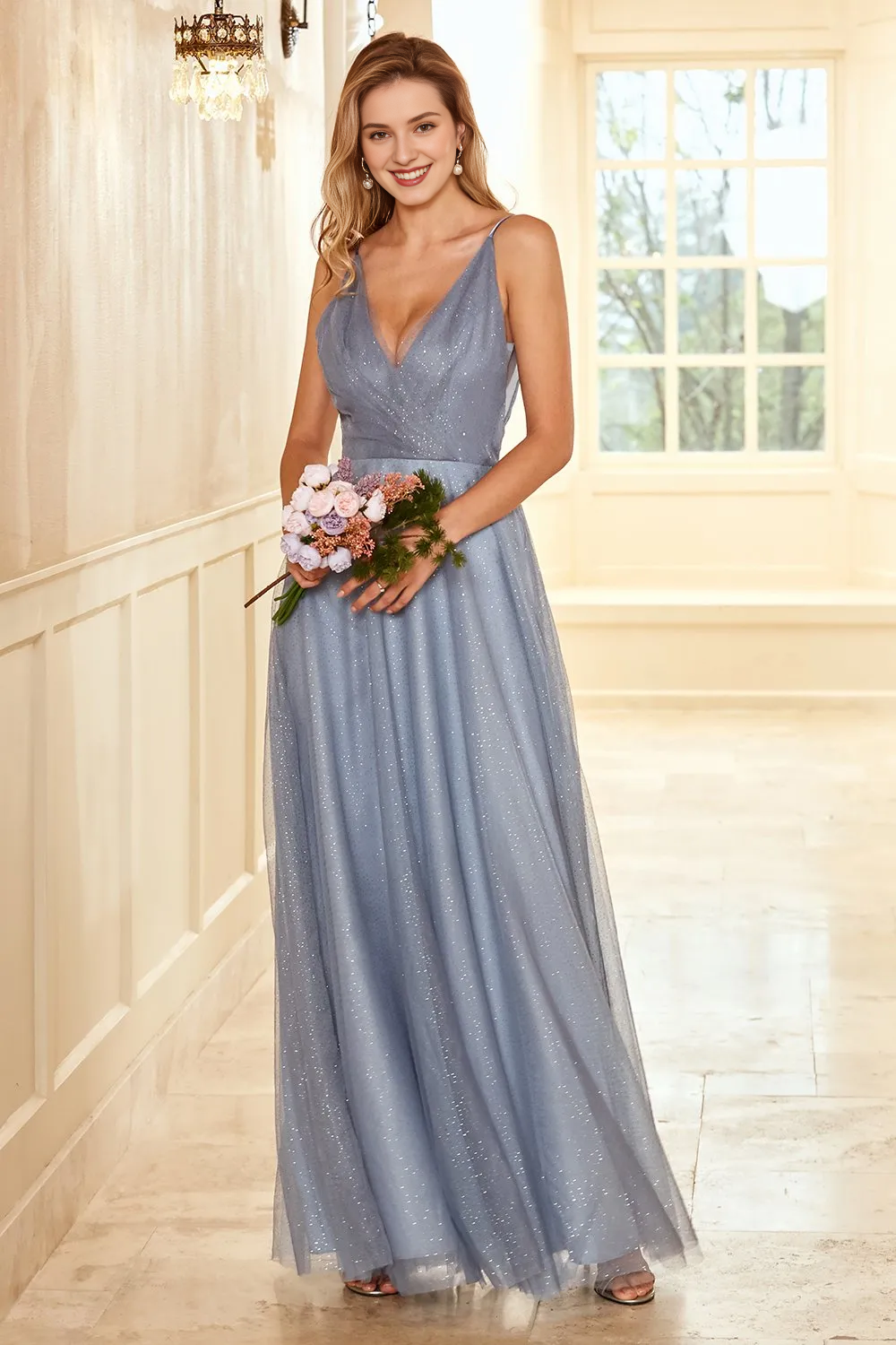 A-line thin shoulder strap gray blue long bridesmaid dress