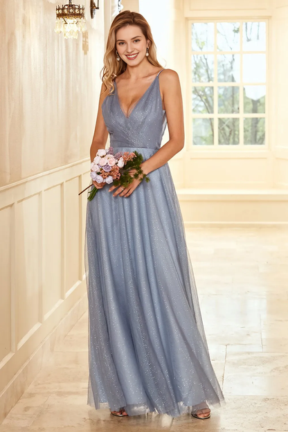 A-line thin shoulder strap gray blue long bridesmaid dress