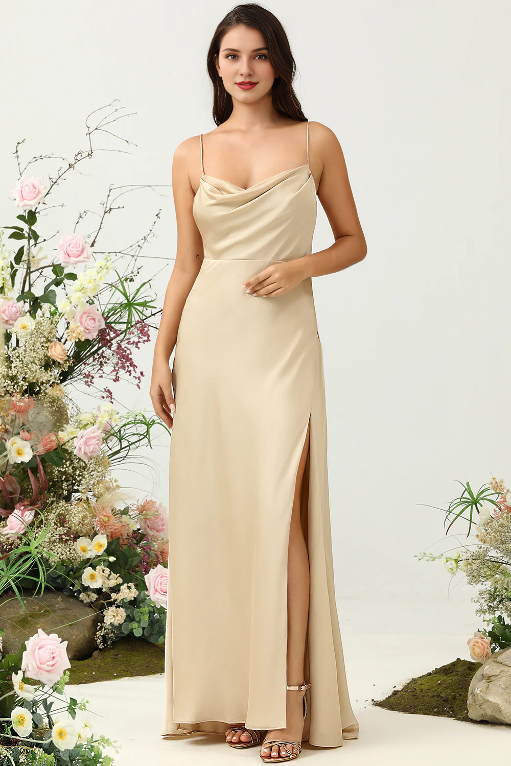 Champagne A-line Wind Neck Thin Shoulder Strap Split Satin Bridesmaid Dress