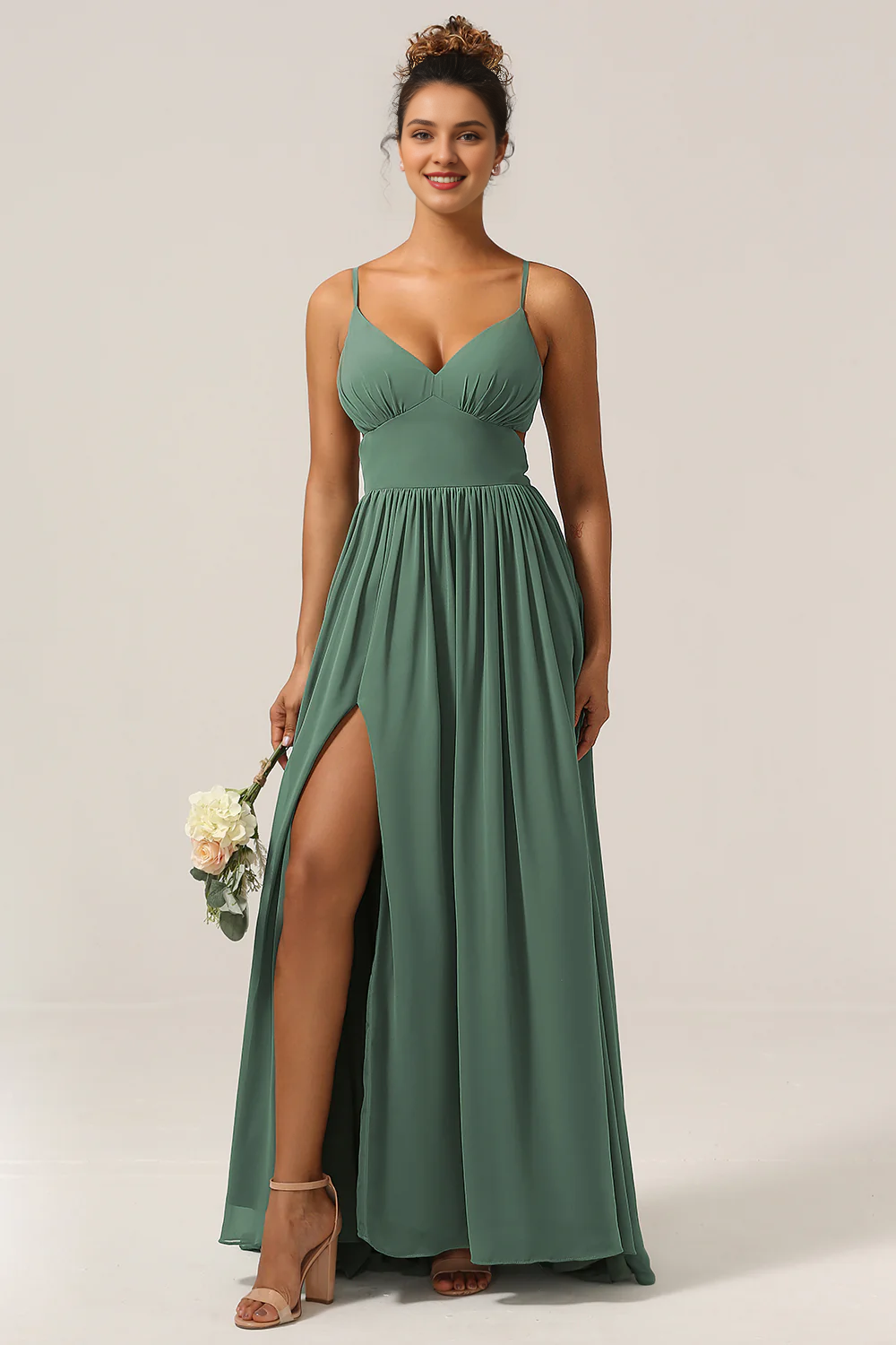 Eucalyptus A-line thin shoulder strap and ground chiffon slit bridesmaid dress