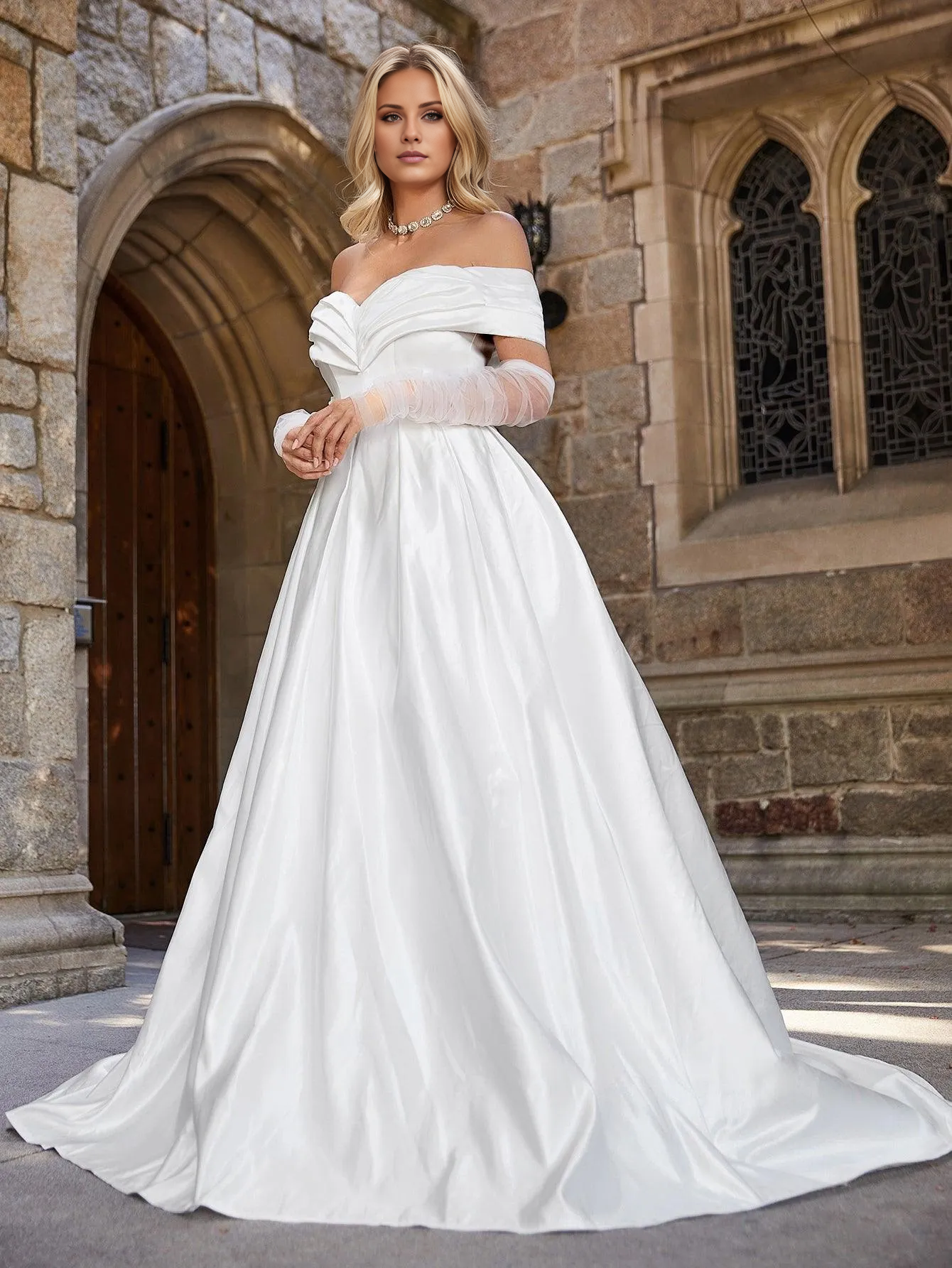 Shoulder collar satin backless and floor length wedding dresses (only dresses)