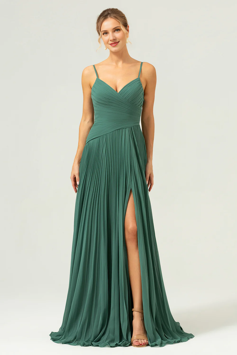 Eucalyptus A-line thin shoulder strap slit pleated long bridesmaid dress