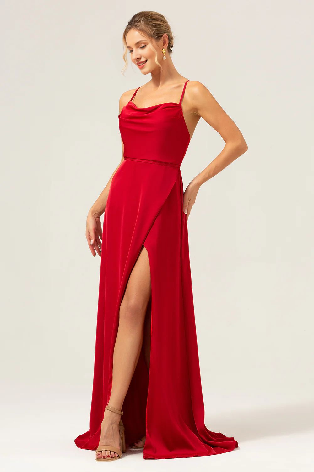 Wine red A-line collar slit long satin bridesmaid dress