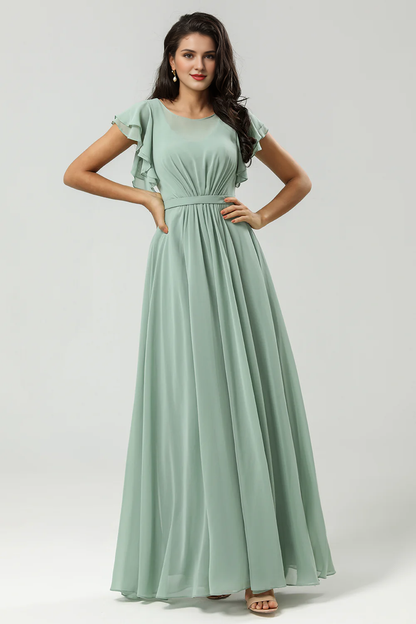 Matcha A-line round neck pleated and ground chiffon bridesmaid dress