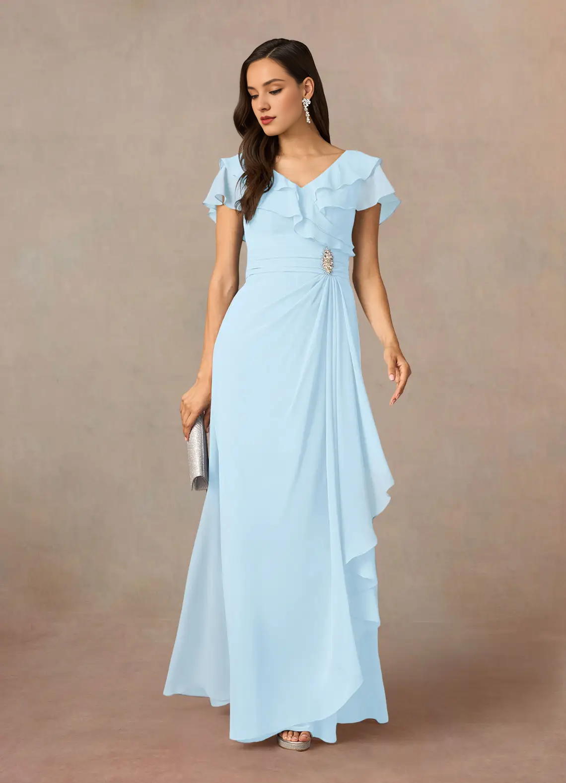 A-link V-neck pleated chiffon and floor length mother of bride dress