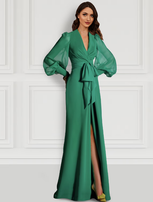 Evening Gown Elegant Dress Formal Long Sleeve V Neck Chiffon with Slit Strappy