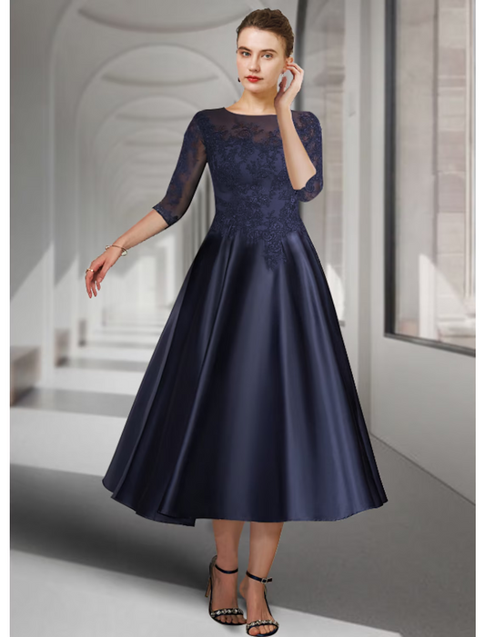 A-Line Mother of the Bride Dress Wedding Guest Elegant Satin Lace Sleeve with Pleats Appliques