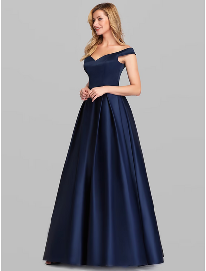 Ball Gown Elegant Quinceanera Prom Birthday Dress Off Shoulder Short Sleeve Floor Length Satin with Pleats