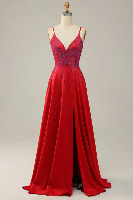 A Line Red Thin Shoulder Strap Beaded Long Prom Dress
