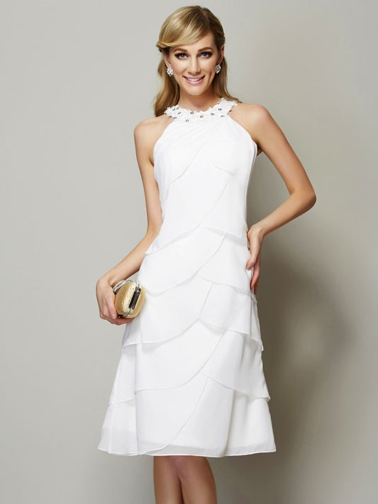 Sheath/Column Bateau Sleeveless Beading Short Chiffon Bridesmaid Dresses