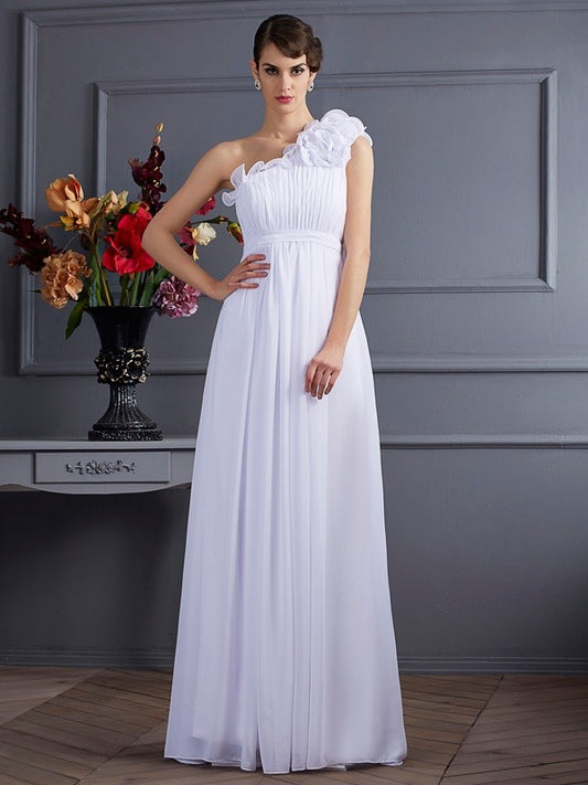 A-Line/Princess One-Shoulder Sleeveless Pleats Applique Long Chiffon Dresses