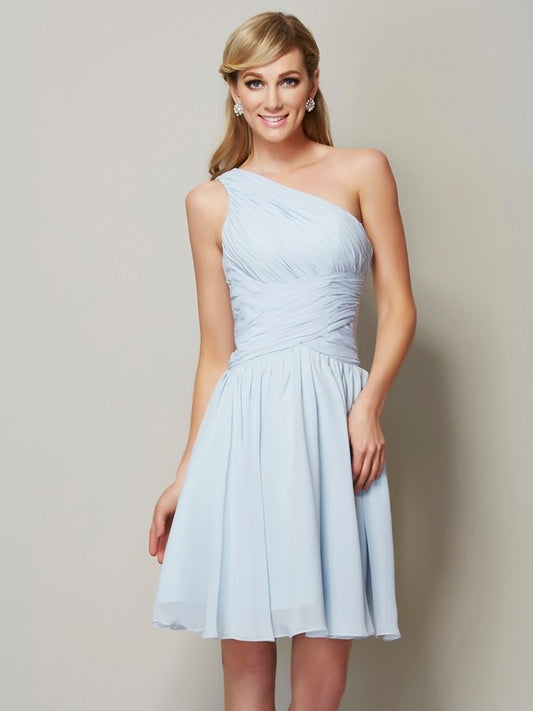 A-Line/Princess One-Shoulder Sleeveless Ruched Short Chiffon Bridesmaid Dresses