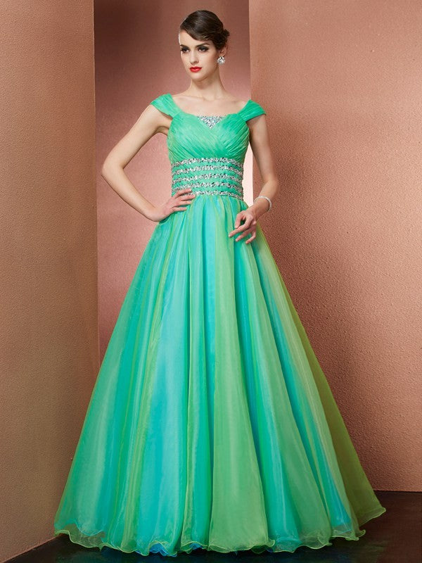 Ball Gown Off the Shoulder Sleeveless Beading Long Satin Quinceanera Dresses