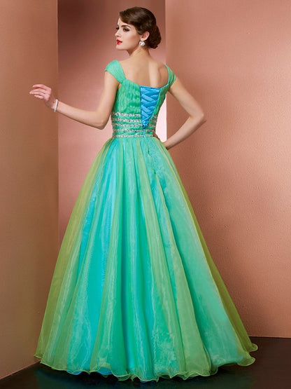 Ball Gown Off the Shoulder Sleeveless Beading Long Satin Quinceanera Dresses