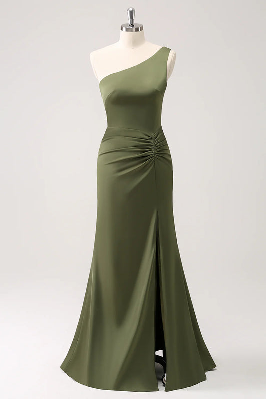 Elegant olive fish tail one shoulder slit backless bridesmaid dress