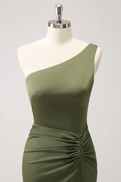 Elegant olive fish tail one shoulder slit backless bridesmaid dress