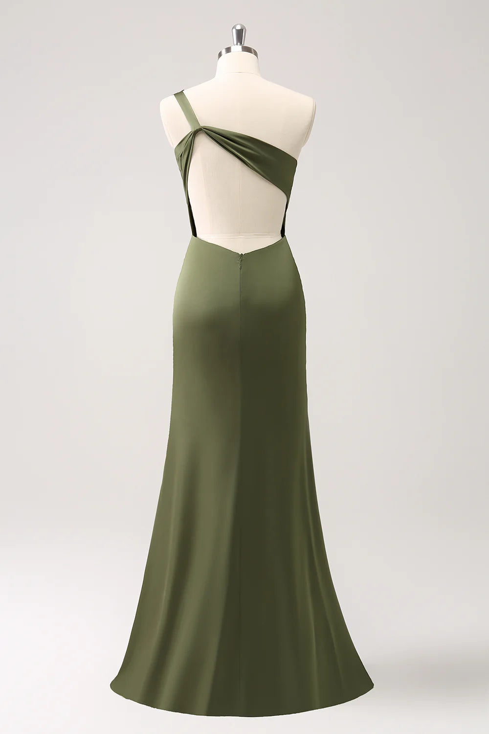 Elegant olive fish tail one shoulder slit backless bridesmaid dress