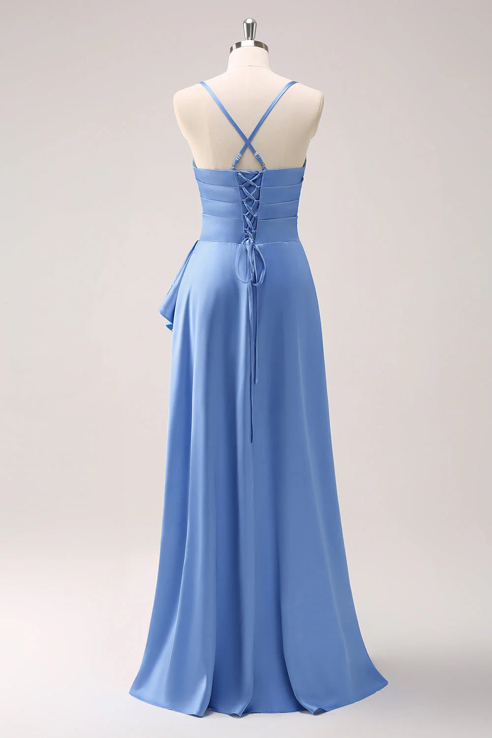 Blue A-line satin asymmetrical ruffle edge slit bridesmaid dress