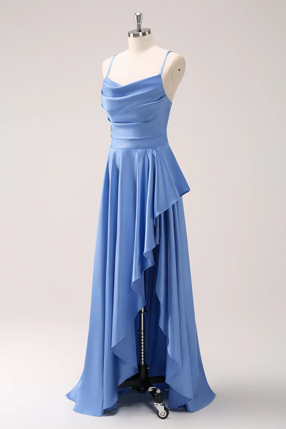 Blue A-line satin asymmetrical ruffle edge slit bridesmaid dress